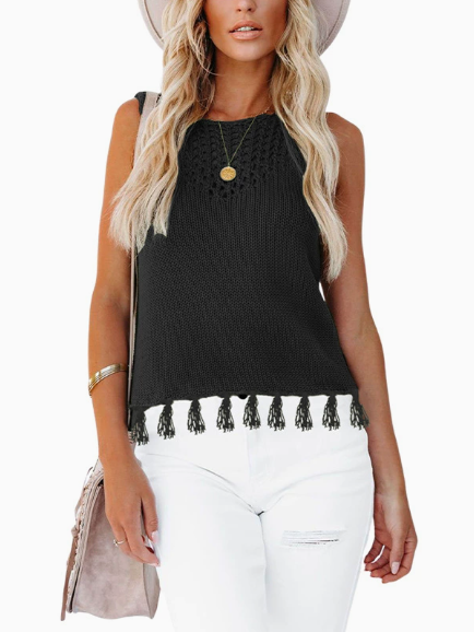 New summer fashion women's round neck handmade tassel hollowed-out vest knitwear