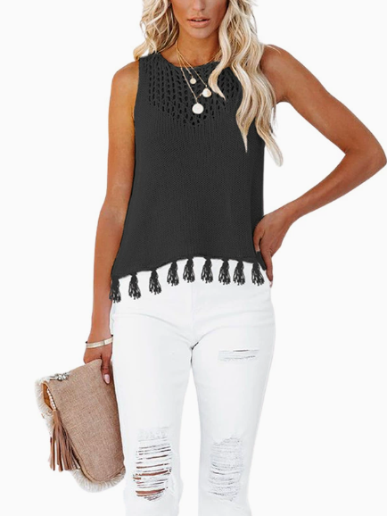 New summer fashion women's round neck handmade tassel hollowed-out vest knitwear