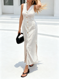2026 New Fashion Summer Women's Dress with Slim Waist, French Striped Button-Down Design, and Slit