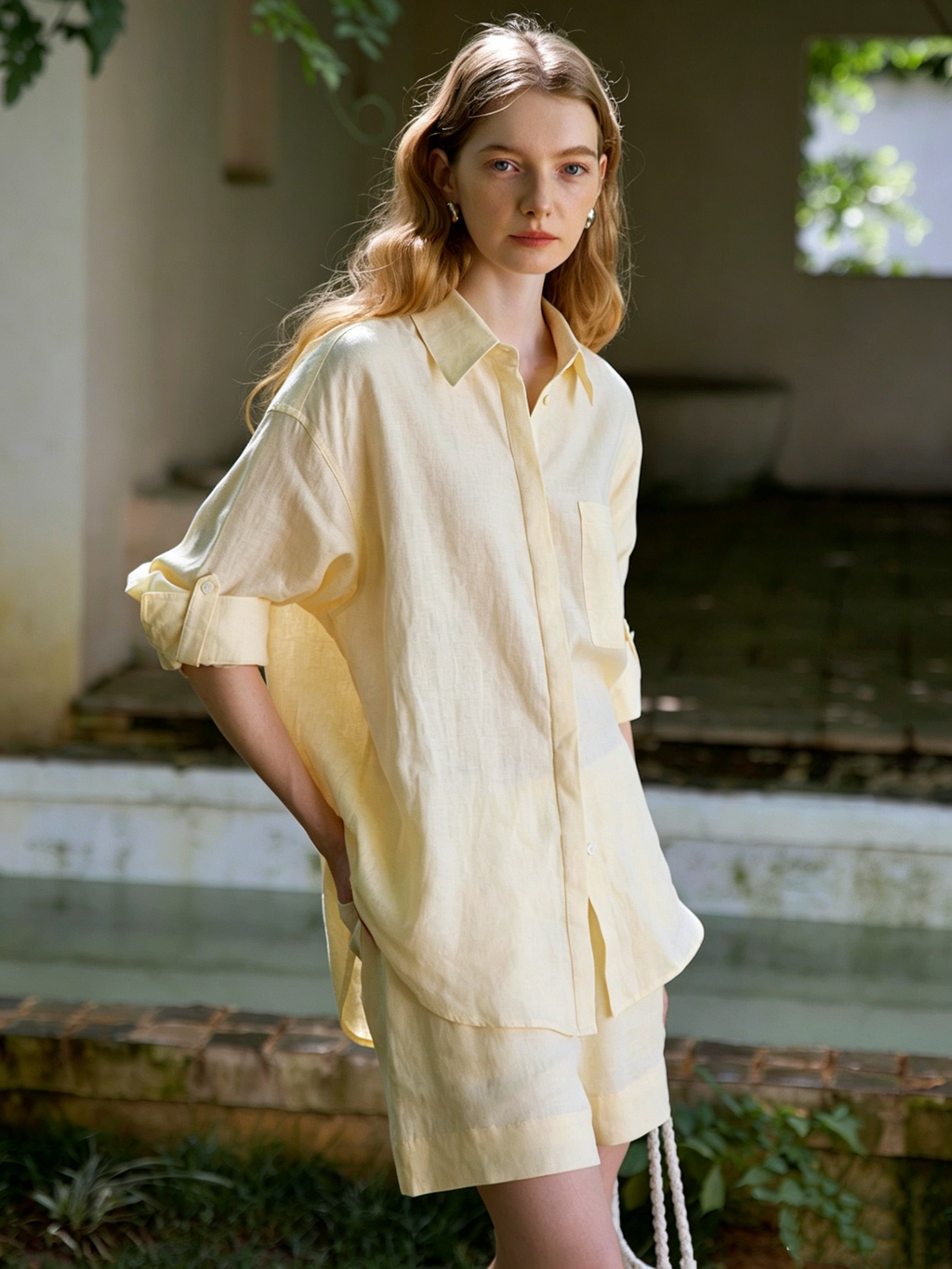 Relaxed and effortlessly chic summer style: linen oversized shirt and shorts set