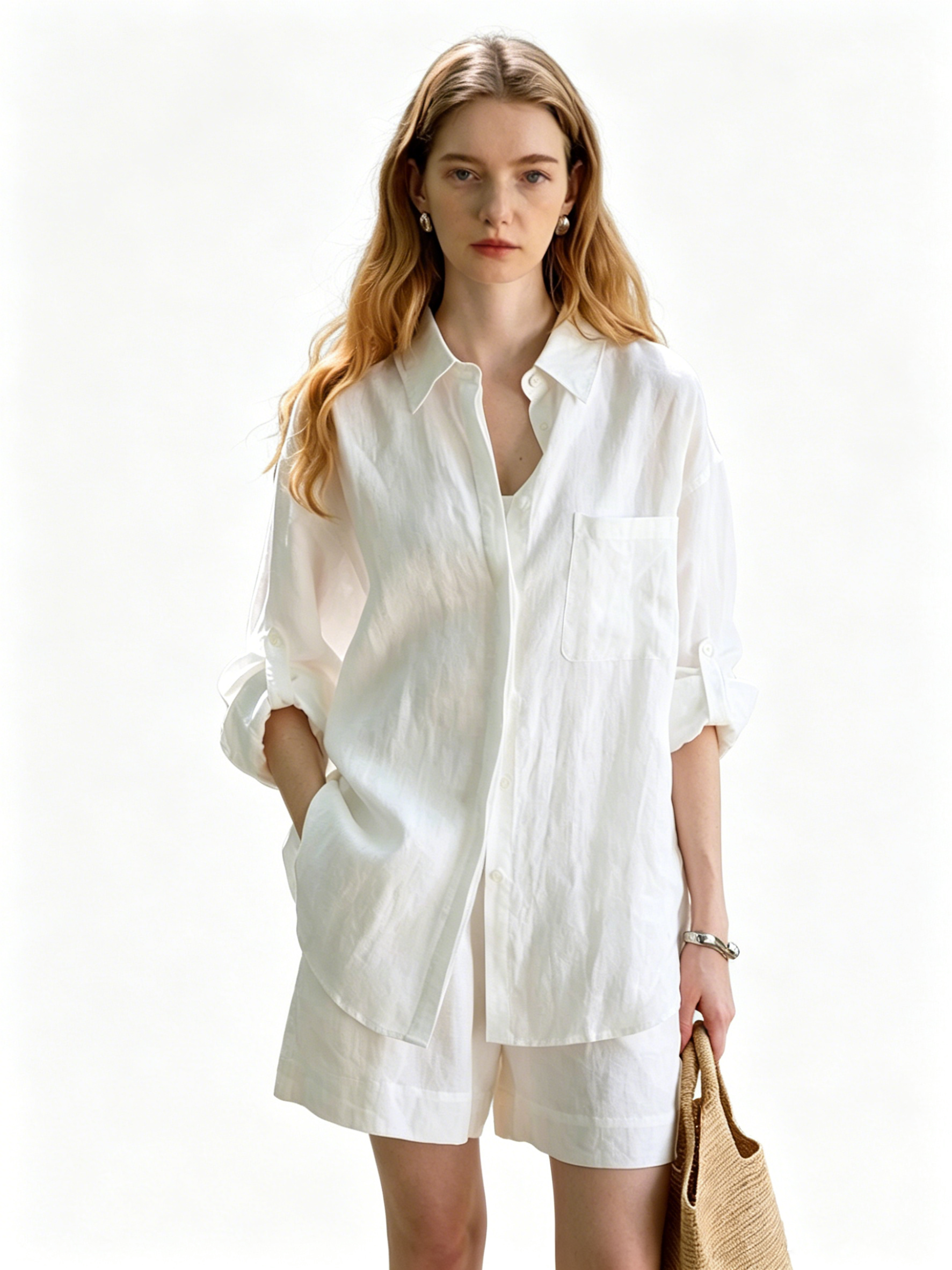 Relaxed and effortlessly chic summer style: linen oversized shirt and shorts set