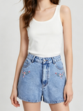 Summer Pink Flower Embroidered Casual Denim Short High Rise Loose Fit Jeans Shorts