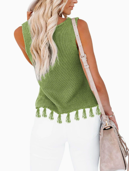 New summer fashion women's round neck handmade tassel hollowed-out vest knitwear