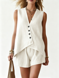 Summer New Style Irregular Casual Cotton Linen V-Neck Button-Down Sleeveless Top and Shorts Two-Piece Set for Women