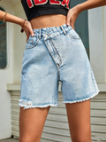Summer Asymmetrical Wrap Button Waist Frayed Hem Denim Short Vintage Wasched Casual Shorts