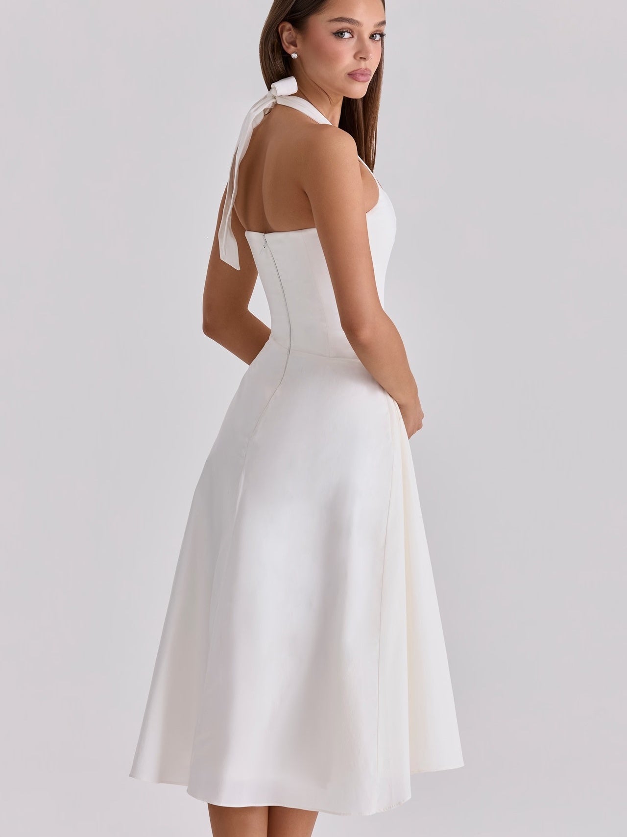 2026 Spring/Summer Square Neck Backless Mid-Length Slimming and Mature Style Halter Neck Waist Pleated Dress for Women