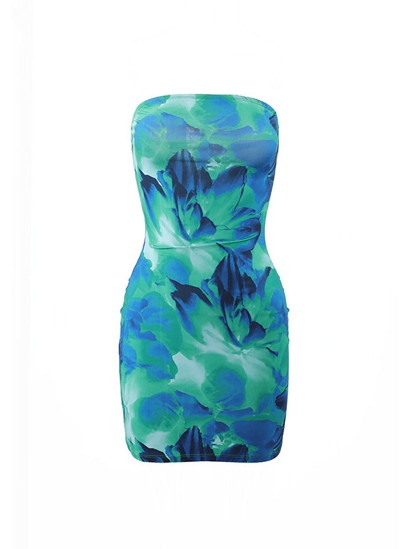 Summer sexy women's strapless floral print slim-fit bodycon short dress