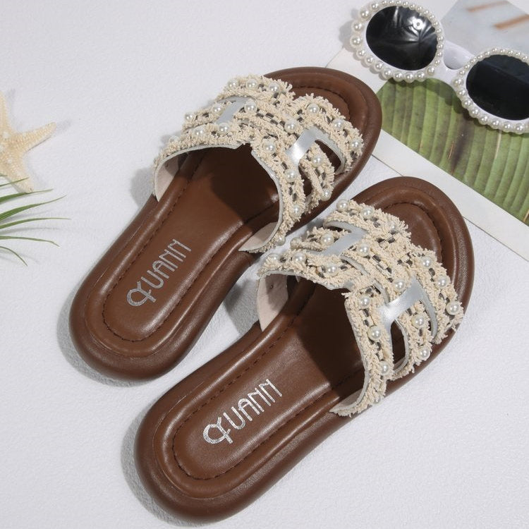 2026 Summer New Style Plus Size Peep Toe Flat Slip-on Pearl Women's Slippers