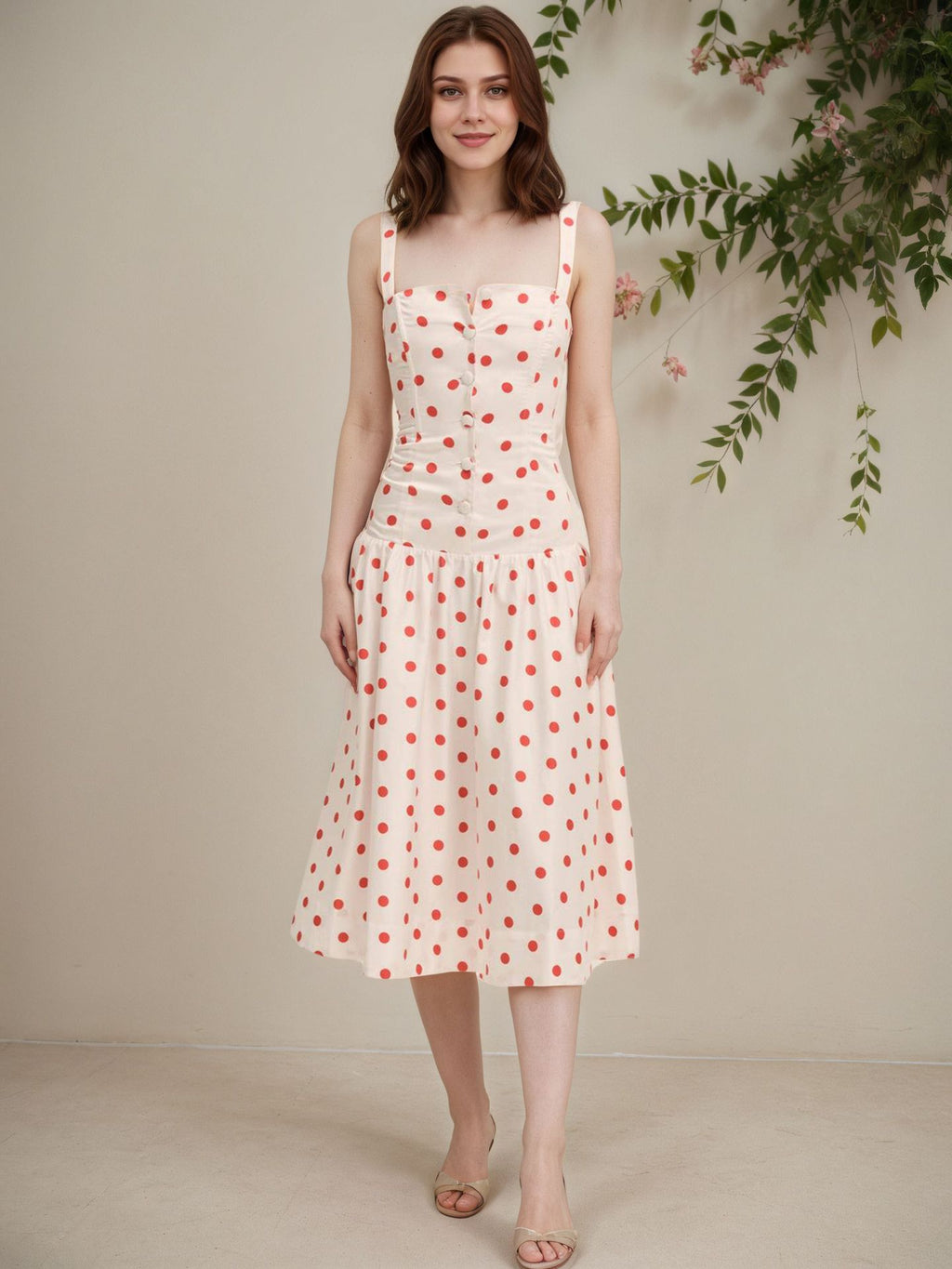 Vintage Red Polka Dot Adjustable Strap Midi Dress  French Cinched Waist A-Line Sundress