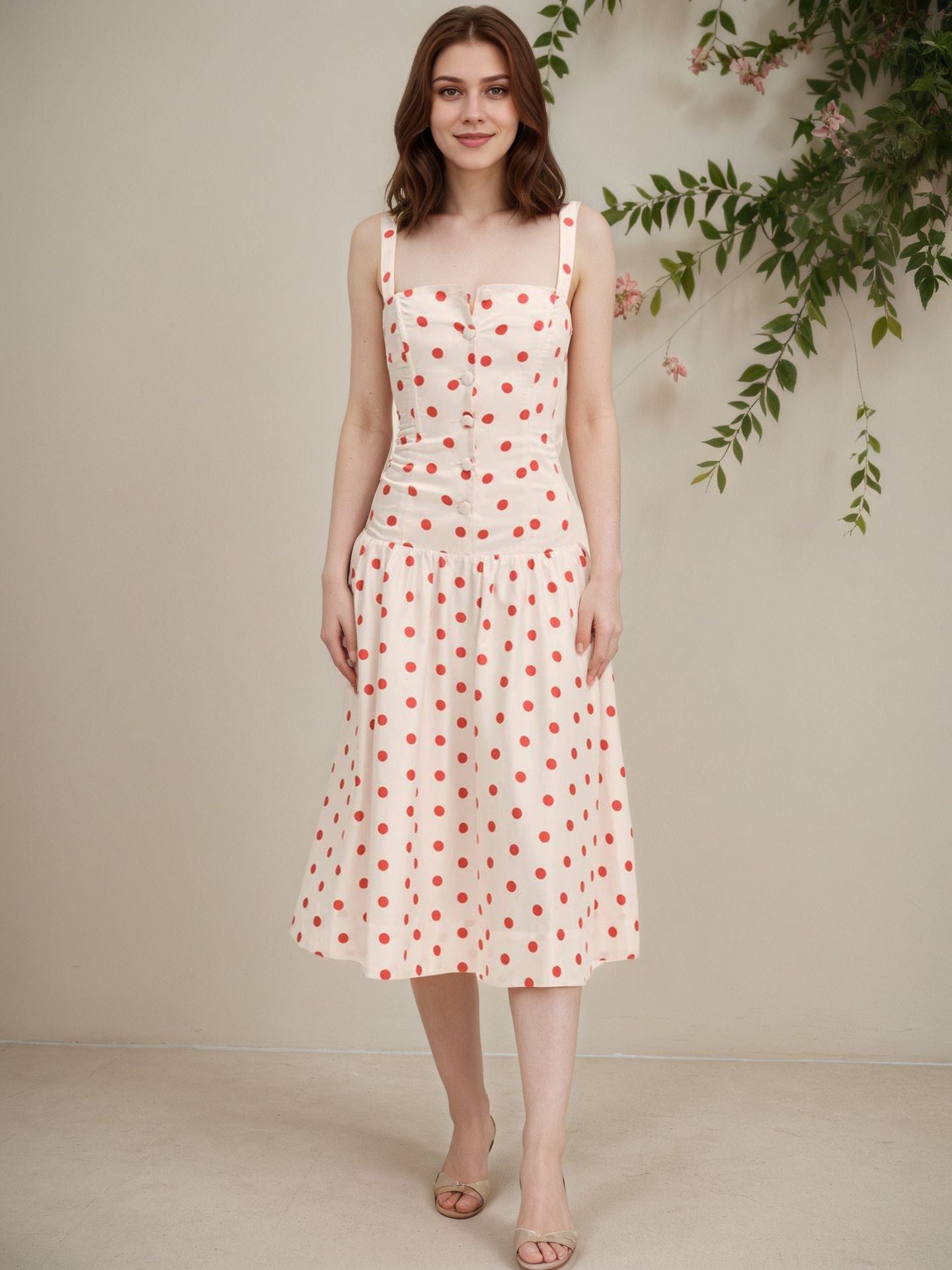 Vintage Red Polka Dot Adjustable Strap Midi Dress  French Cinched Waist A-Line Sundress