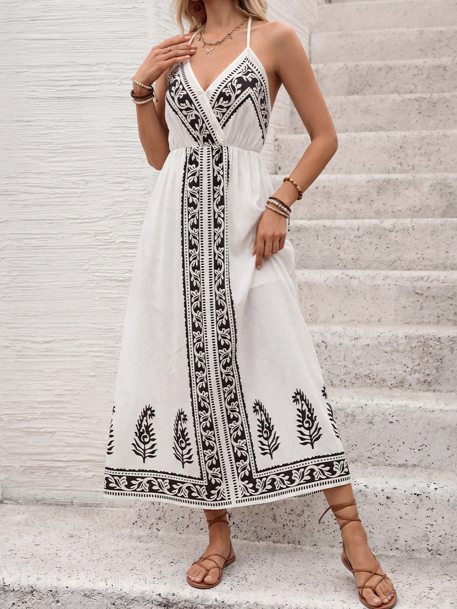 2026 Boho Black Floral Print Spaghetti Strap Maxi Dress Back Tie Halter Vacation Sundress