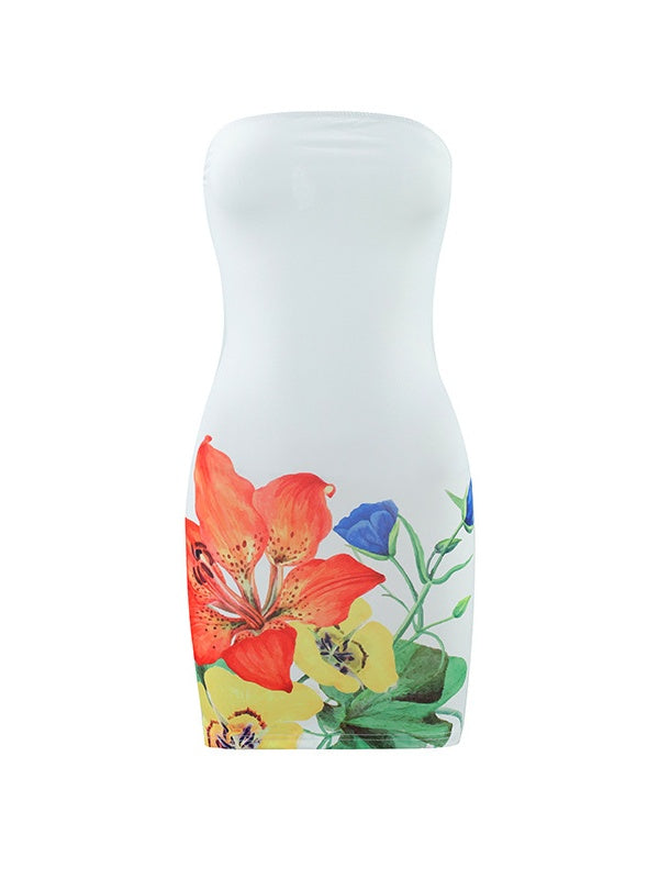 Summer sexy women's strapless floral print slim-fit bodycon short dress