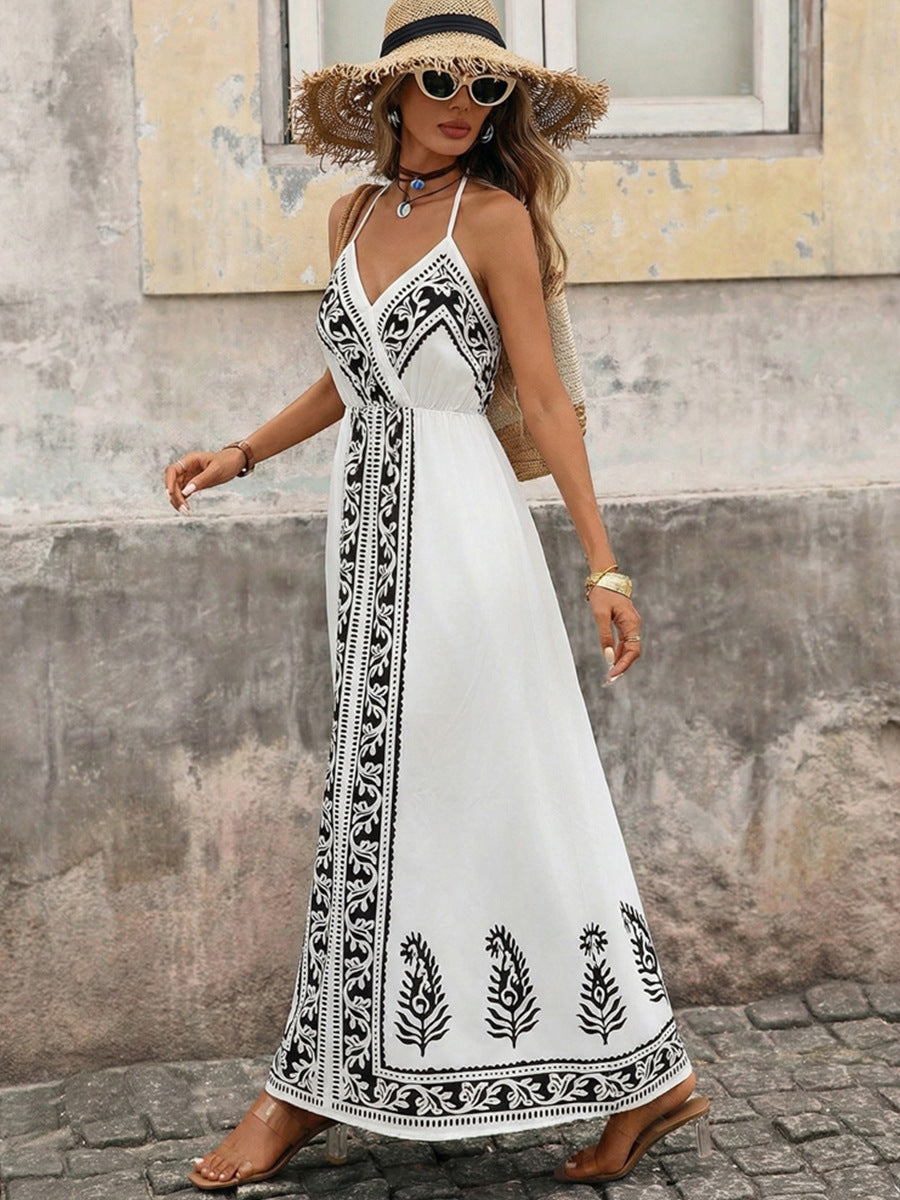 2026 Boho Black Floral Print Spaghetti Strap Maxi Dress Back Tie Halter Vacation Sundress