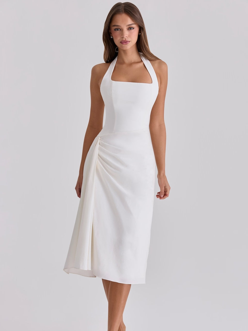 2026 Spring/Summer Square Neck Backless Mid-Length Slimming and Mature Style Halter Neck Waist Pleated Dress for Women