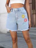 Colorful Daisy Print Raw Hem High Waist Denim Shorts  Summer Casual Bottoms