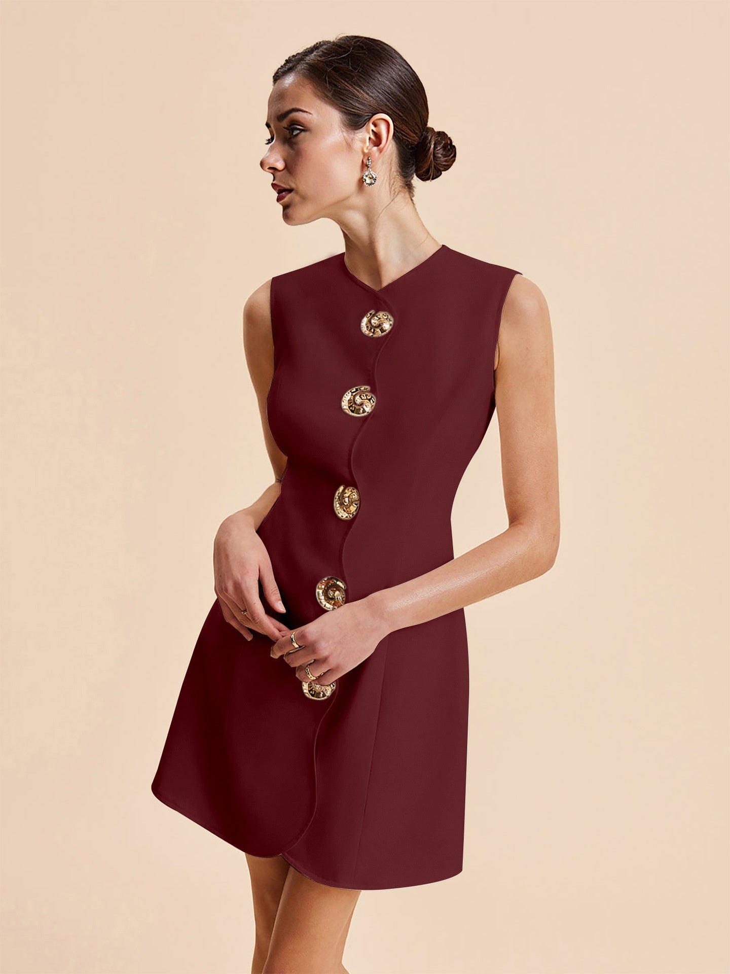 2026 Summer New Fashion Sleeveless Round Neck Button-Up Solid Color Short Dress