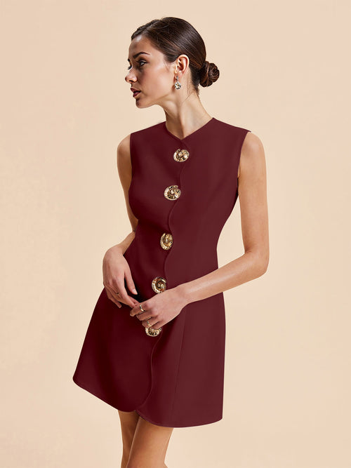 2026 Summer New Fashion Sleeveless Round Neck Button-Up Solid Color Short Dress