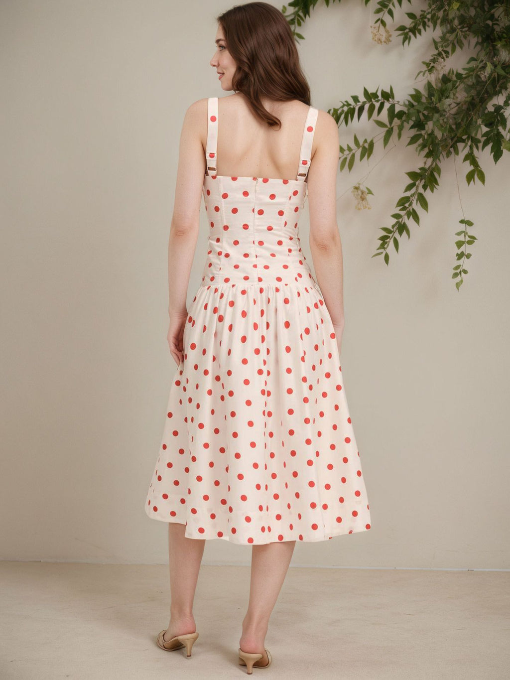 Vintage Red Polka Dot Adjustable Strap Midi Dress  French Cinched Waist A-Line Sundress