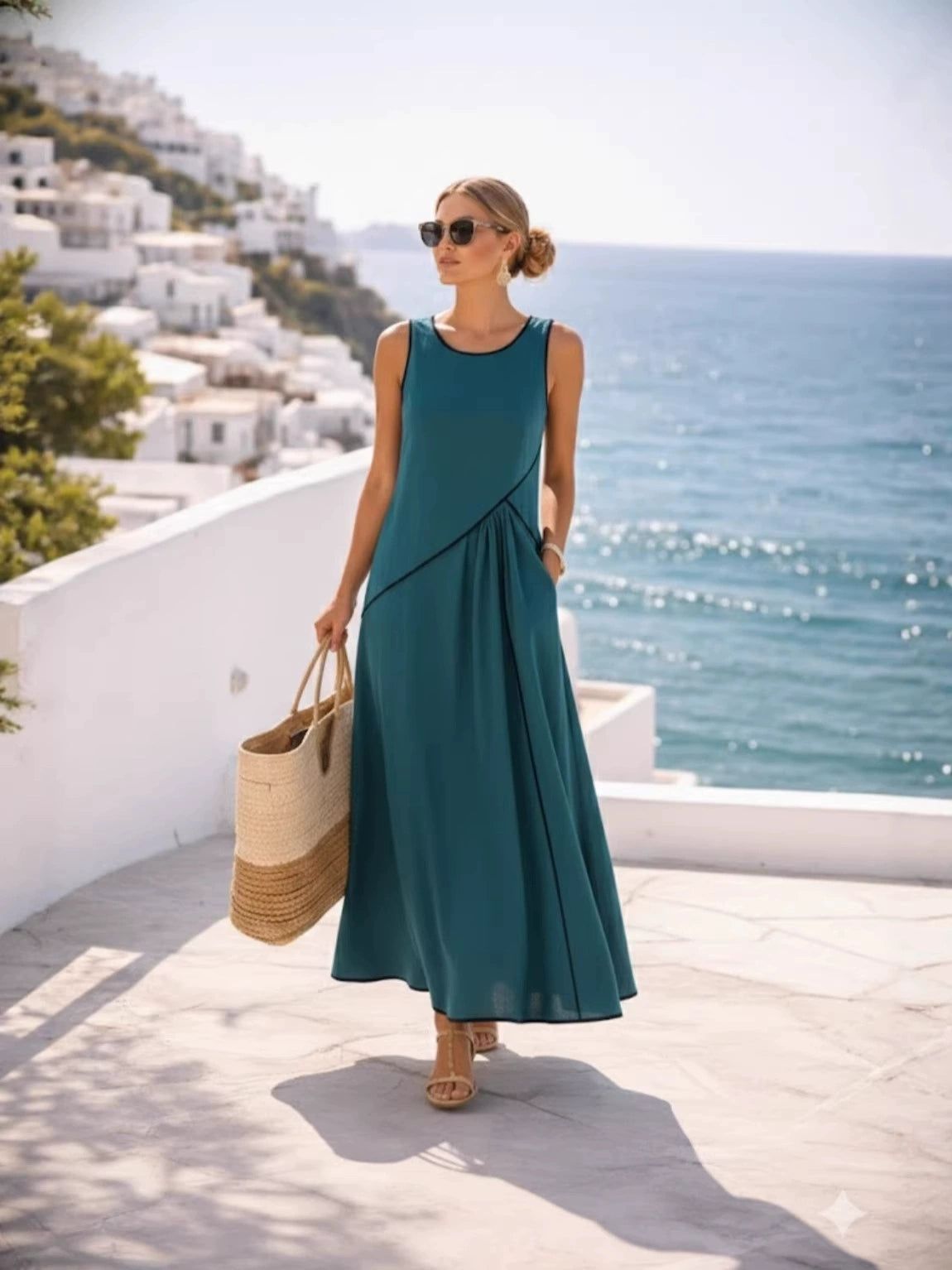 2026 Summer New Women's Mediterranean Resort Style Dress with Color Block Trim A-line Skirt