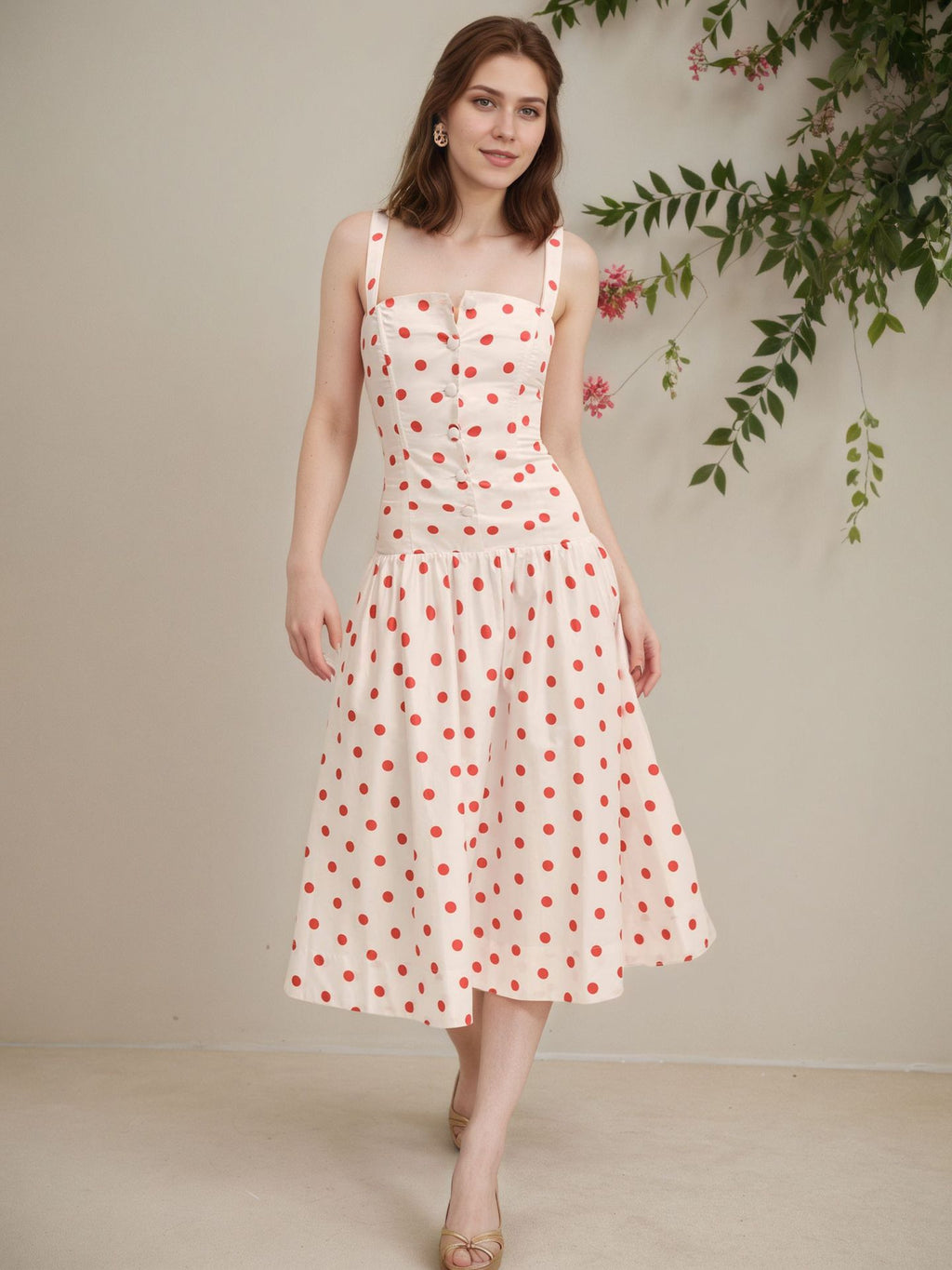 Vintage Red Polka Dot Adjustable Strap Midi Dress  French Cinched Waist A-Line Sundress