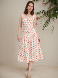 Vintage Red Polka Dot Adjustable Strap Midi Dress  French Cinched Waist A-Line Sundress