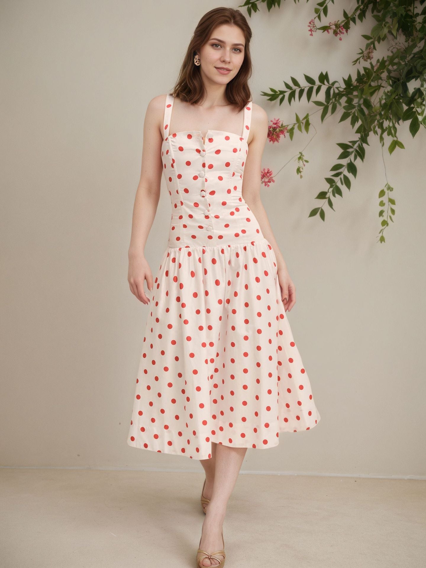 Vintage Red Polka Dot Adjustable Strap Midi Dress  French Cinched Waist A-Line Sundress