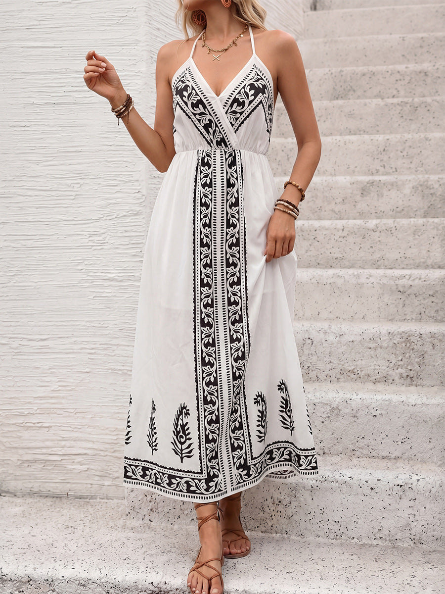 2026 Boho Black Floral Print Spaghetti Strap Maxi Dress Back Tie Halter Vacation Sundress