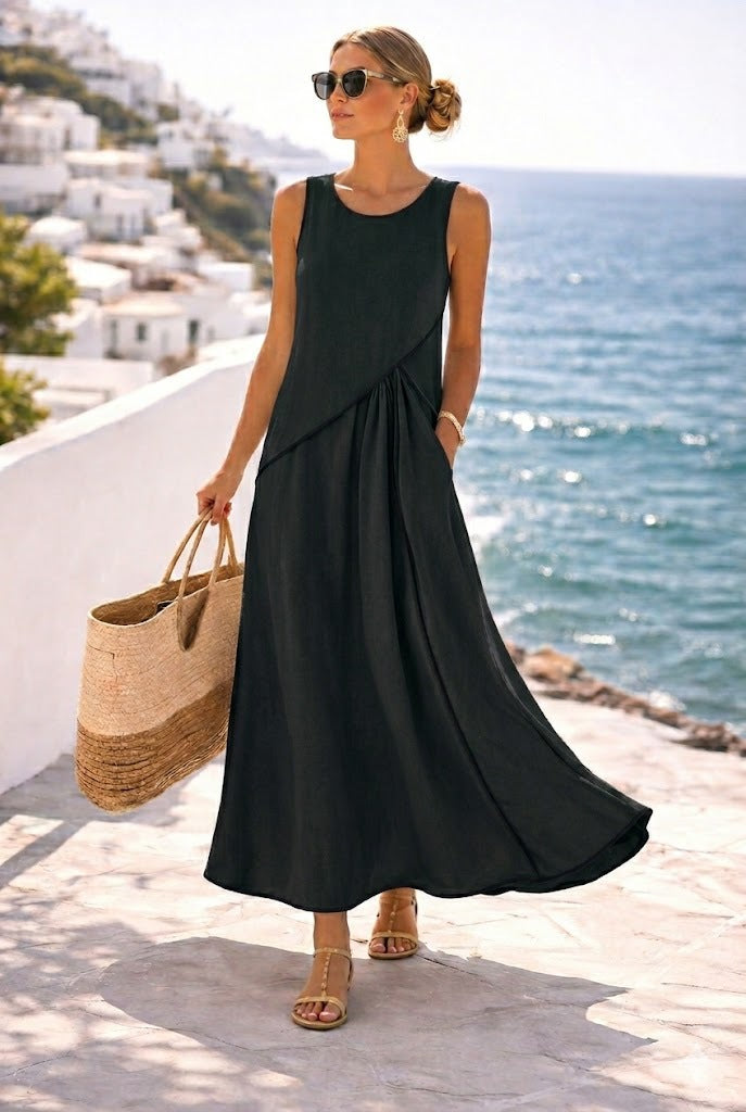 2026 Summer New Women's Mediterranean Resort Style Dress with Color Block Trim A-line Skirt