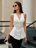 Summer elegant slim-fit sleeveless satin vest top with multiple buttons and V-neck for women