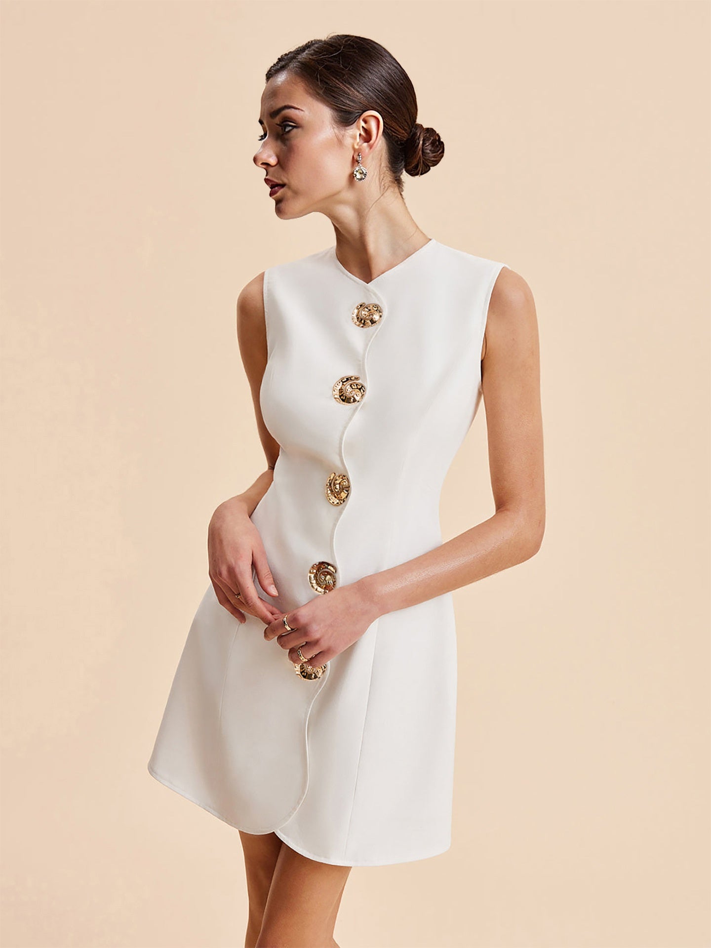 2026 Summer New Fashion Sleeveless Round Neck Button-Up Solid Color Short Dress