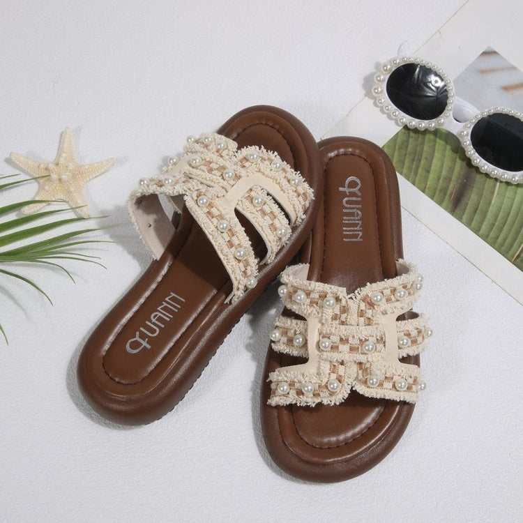 2026 Summer New Style Plus Size Peep Toe Flat Slip-on Pearl Women's Slippers