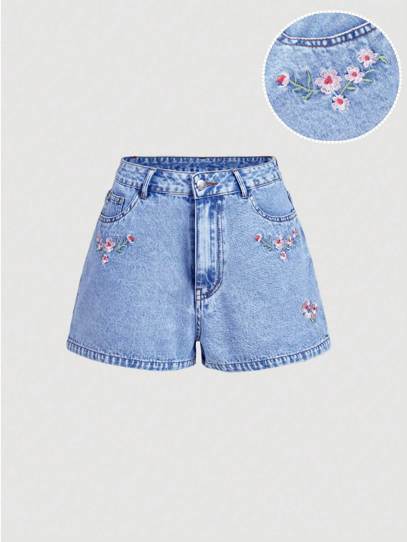 Summer Pink Flower Embroidered Casual Denim Short High Rise Loose Fit Jeans Shorts