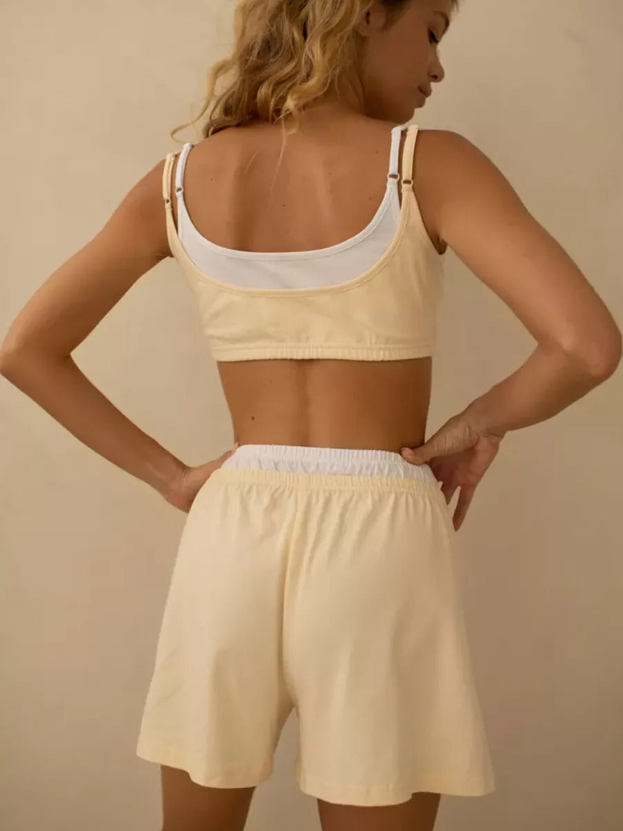Summer Women's Pure Cotton Camisole Two-Piece Set, Solid Color Patchwork Sexy Casual Sports Suit