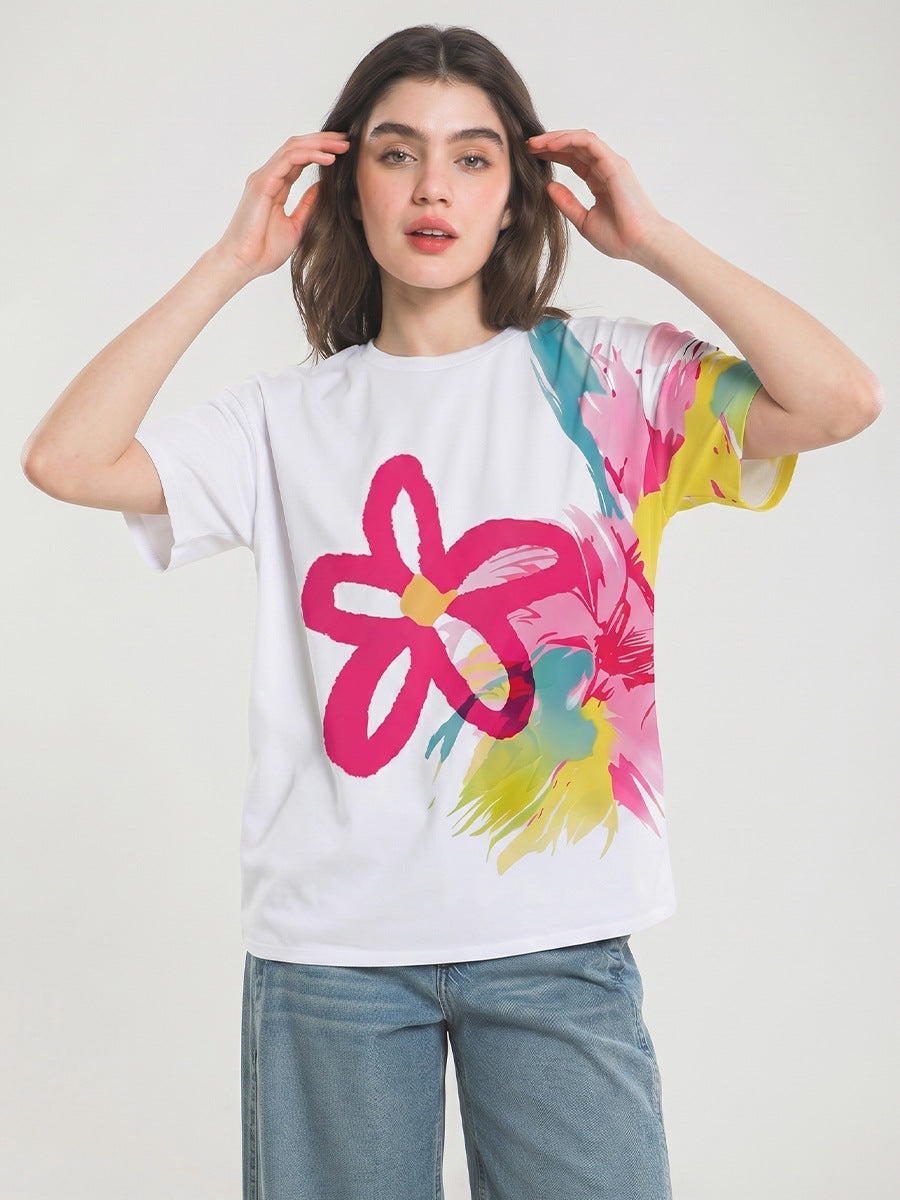 2026 Summer Fashion Women's T-shirt Artistic Watercolor Floral Oversized Tee Graffiti Short-Sleeve Top