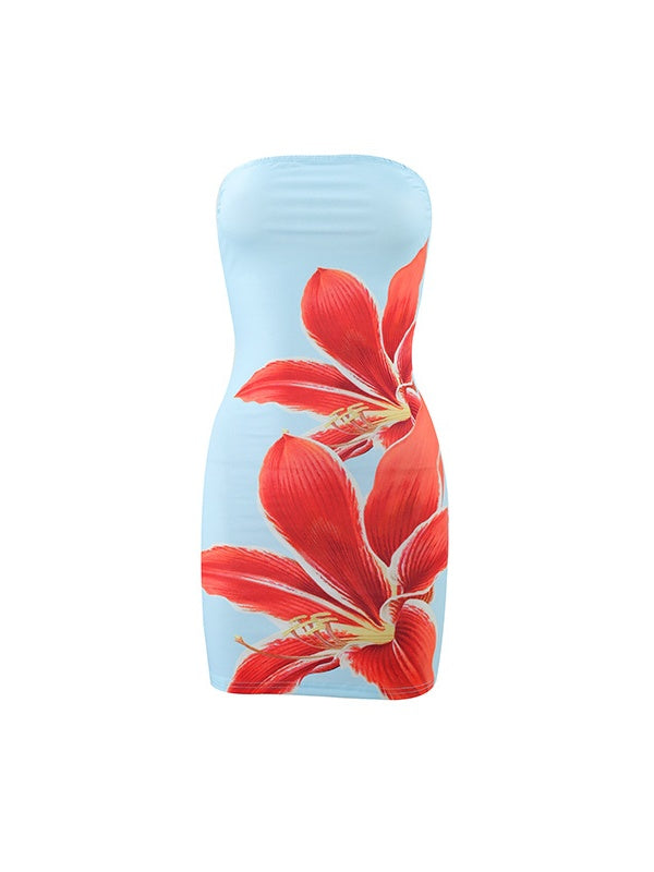 Summer sexy women's strapless floral print slim-fit bodycon short dress