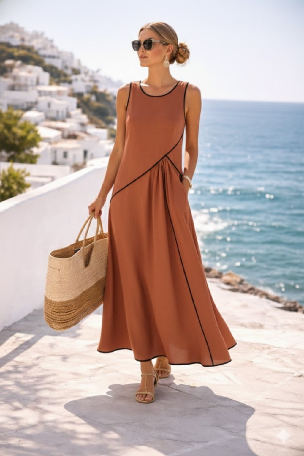 2026 Summer New Women's Mediterranean Resort Style Dress with Color Block Trim A-line Skirt