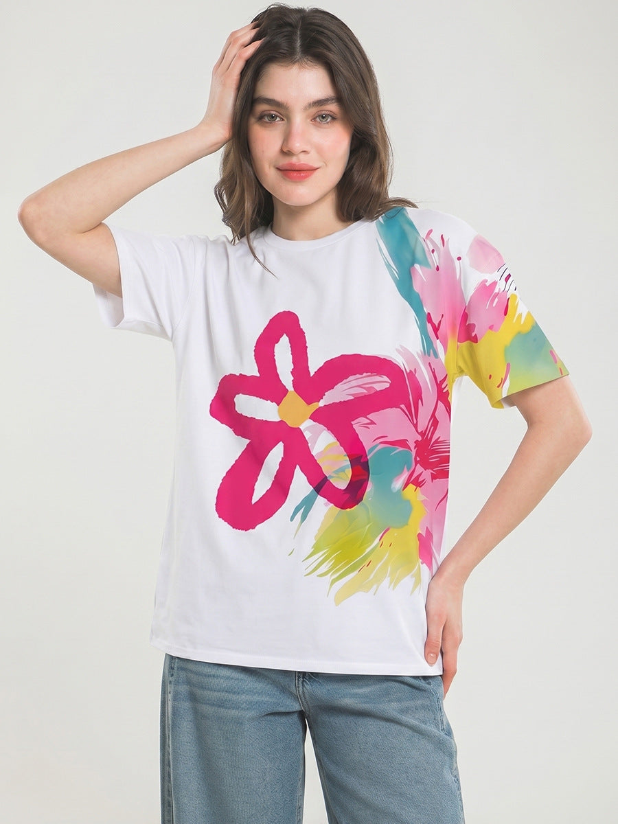 2026 Summer Fashion Women's T-shirt Artistic Watercolor Floral Oversized Tee Graffiti Short-Sleeve Top