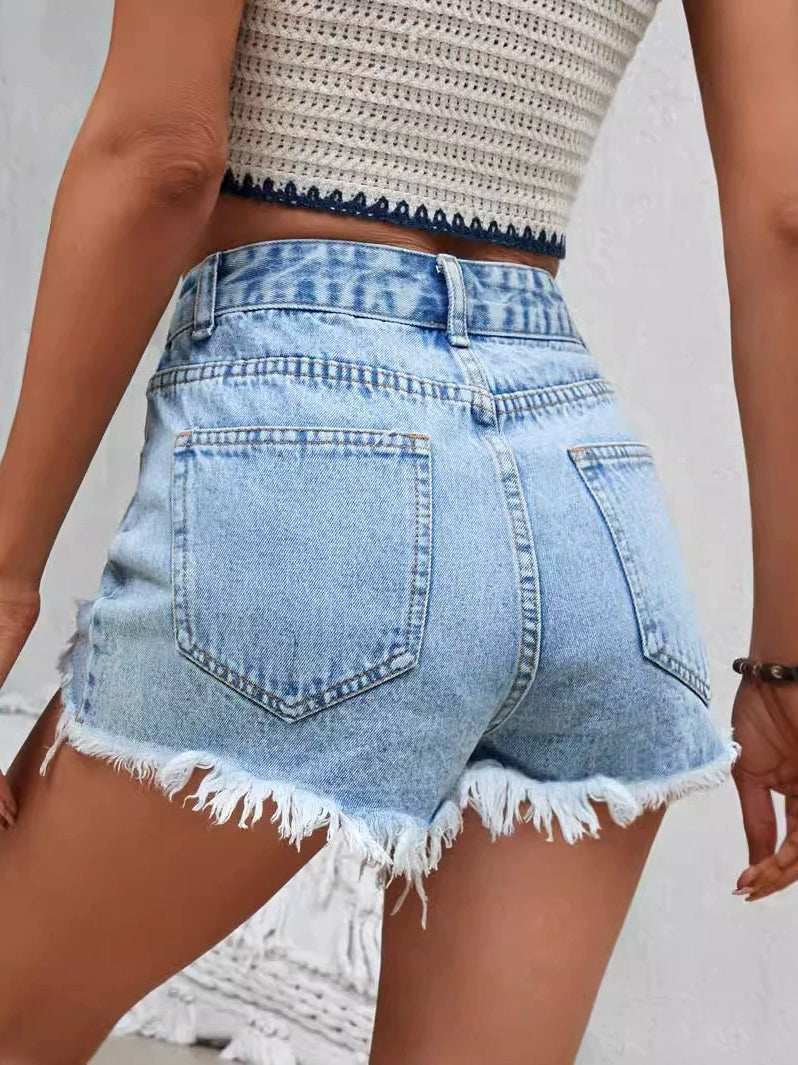 Summer Casual Destroyed Tassel Fringe Denim Short High Rise Loose Fit Cutoff Jeans