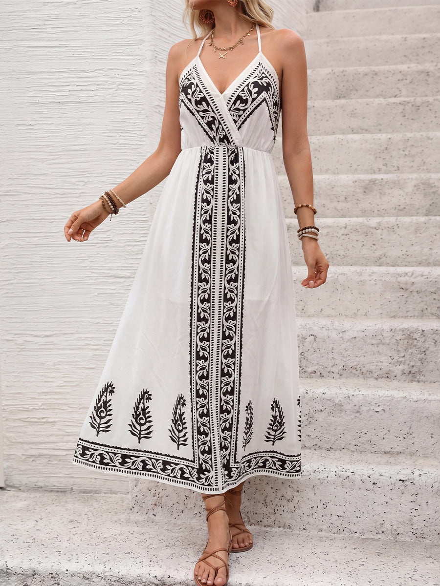 2026 Boho Black Floral Print Spaghetti Strap Maxi Dress Back Tie Halter Vacation Sundress