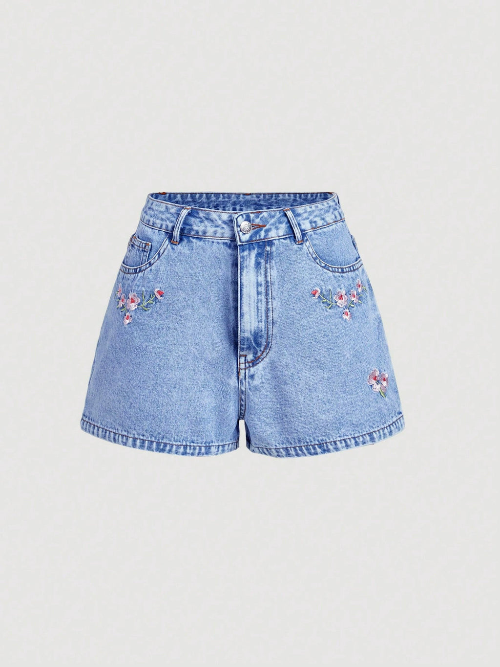 Summer Pink Flower Embroidered Casual Denim Short High Rise Loose Fit Jeans Shorts