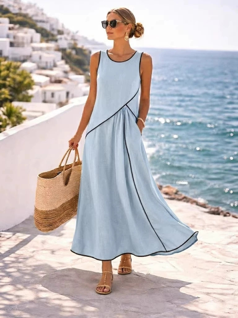 2026 Summer New Women's Mediterranean Resort Style Dress with Color Block Trim A-line Skirt