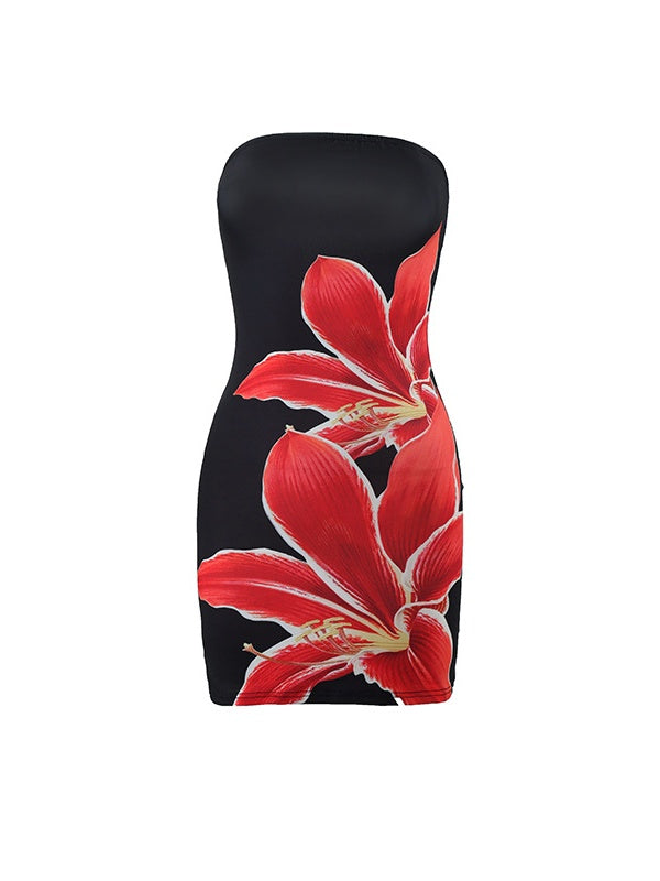 Summer sexy women's strapless floral print slim-fit bodycon short dress