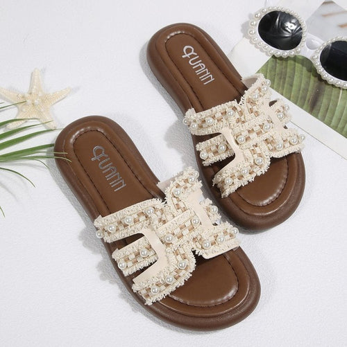 2026 Summer New Style Plus Size Peep Toe Flat Slip-on Pearl Women's Slippers