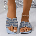 2026 Summer New Fashion Rhinestone One-Strap Sandals, Flat, Square Toe, Plus Size, Lightweight Sandals for Women
