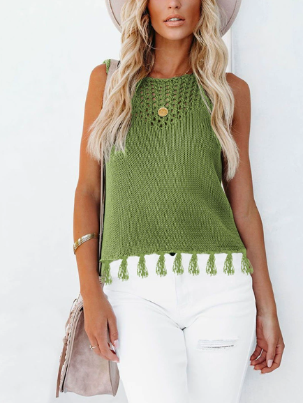 New summer fashion women's round neck handmade tassel hollowed-out vest knitwear