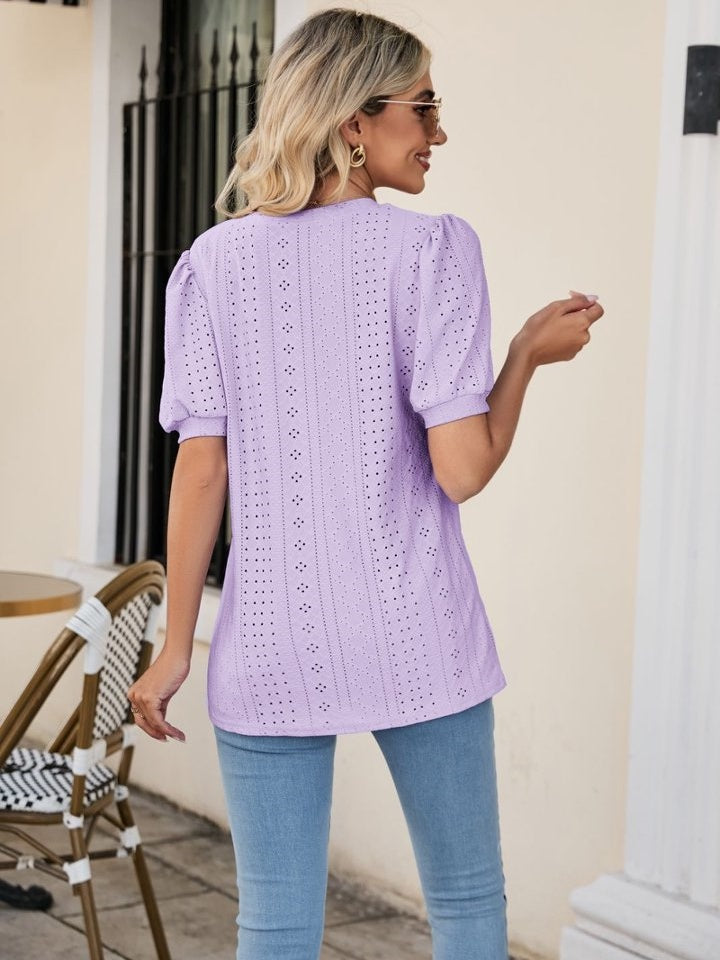 Summer New Style T-shirt with Hollow-out Cutouts, Round Neck, Ruffled Trim for Women