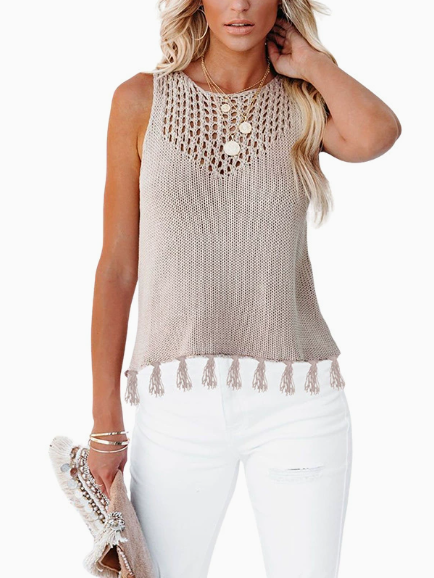 New summer fashion women's round neck handmade tassel hollowed-out vest knitwear