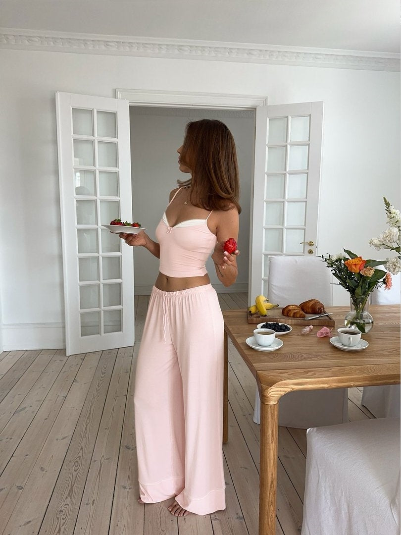 Summer Korean style gentle pink patchwork camisole and wide-leg pants set, comfortable two-piece women's set