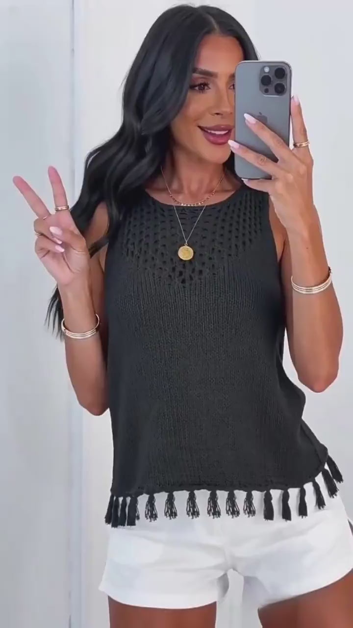 New summer fashion women's round neck handmade tassel hollowed-out vest knitwear